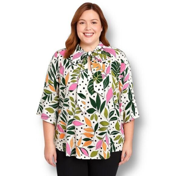 Eloquii 24 Cream Green Floral Dot Blouse Tie Neck 3/4 Sleeve Boho Office Preppy - Picture 1 of 10